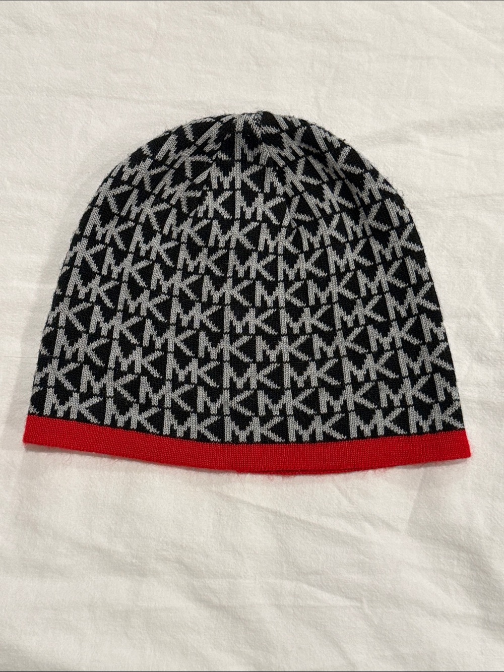 Michael Kors MK Monogram Knit Beanie Hat with Red Trim - OS
